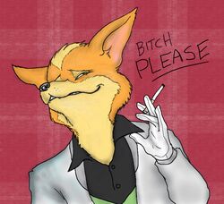 anthro canid canine cigarette clothed clothing fox fox_mccloud fredryk_phox holding_object humanoid_hands male mammal nintendo paintchat pattern_background pose simple_background solo star_fox