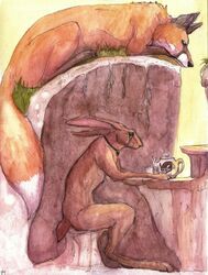 ambiguous_gender anthro bodily_fluids canid canine crying den dipstick_tail duo feral fox hare hi_res lagomorph leporid mammal markings painting_(artwork) paso quadruped sad tail tail_markings teapot tears traditional_media_(artwork) watercolor_(artwork)