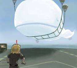 air_creature blonde_hair cetacean cloud duo elemental_creature exclamation_point fail_whale feral hair human konami living_cloud male mammal marine metal_gear parachute toriny twitter