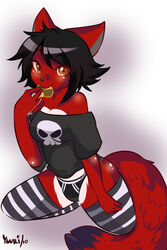 2010 2:3 alternative_fashion anthro black_hair black_nose blush bone canid canine clothing cookie cyn. digital_drawing_(artwork) digital_media_(artwork) eating emo female food fox hair hi_res kemono kingofkof legwear looking_at_viewer mammal panties pattern_clothing pattern_legwear rachael red_body red_eyes shaded shirt skull solo stockings striped_clothing striped_legwear stripes tail topwear underwear