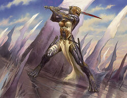 2002 anthro belt blood blue_sky bodily_fluids bottomwear catfolk claws clothed clothing cloud crotch_apron dagger digital_media_(artwork) digital_painting_(artwork) dress dutch_angle felid female hasbro holding_melee_weapon holding_object holding_sword holding_weapon leonin loincloth magic:_the_gathering mammal melee_weapon metal mirrodin no_pupils official_art pantherine reflection scabbard scales scimitar sky solo sword todd_lockwood weapon wizards_of_the_coast