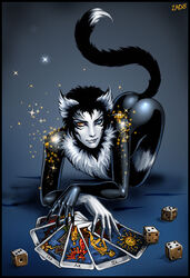 2008 arm_support arms_bent black_body black_fur blue_eyes bone candra card cats_(musical) claws crossed_wrists d6 death_(personification) death_(tarot) demon dice domestic_cat felid feline felis fortune_telling forward_arm_support fur heterochromia looking_at_viewer magic major_arcana male mammal mr._mistoffelees roman_numeral skeleton solo sparkles sun tail tarot tarot_card tattoo the_devil_(tarot) the_sun_(tarot) the_tower_(tarot) tuxedo_cat wheel_of_fortune_(tarot) white_body white_fur yellow_eyes