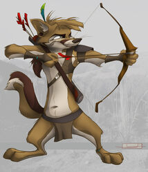 2010 anthro armband arrow_(weapon) biped bottomwear bow_(weapon) brown_body brown_fur brown_hair canid canine clothing feathers fox foxer421 foxer421_(character) fur hair half-closed_eyes holding_object holding_weapon loincloth male mammal narrowed_eyes navel quiver_(object) ranged_weapon solo standing tail tribal weapon whiskers