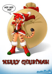 anthro big_breasts black_stripes blue_eyes breasts caribbean_blue christmas clothed clothing cosplay costume english_text felid female fur hair holiday_message holidays mammal nekonny orange_body orange_fur pantherine panties red_hair robe santa_costume solo stripes tail text tiger tina_(caribbean_blue) underwear