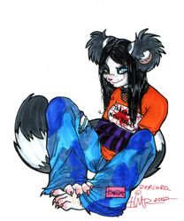 2002 5:6 alternative_fashion anthro band_merch black_hair bottomwear clothing female glamfur gorillaz goth hair heterochromia jewelry lemur long_hair mammal necklace pants primate ring-tailed_lemur solo strepsirrhine tail tomboy zeriara zeriara_(character)