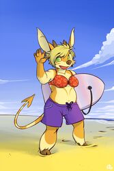 2:3 anthro beach boogie_board bottomwear breasts clothed clothing eve_(patto) female green_eyes hooves outside overweight overweight_anthro overweight_female patto seaside shorts sky slightly_chubby solo tail