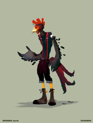 anthro avian avian_caruncle beak bird chicken chris_goodwin cigarette clothing comb_(anatomy) comb_piercing converse crest_piercing dewlap_(anatomy) fairy_tales feathers footwear furgonomics furry-specific_piercing galliform gallus_(genus) head_crest male phasianid piercing simple_background solo suspenders town_musicians_of_bremen wattle