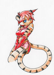 anthro big_breasts black_stripes blue_eyes bottomwear breasts caribbean_blue clothed clothing colored_pencil_(artwork) felid female fur hair mammal nekonny orange_body orange_fur pantherine red_hair skirt solo stripes tail tiger tina_(caribbean_blue) traditional_media_(artwork)