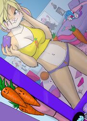 :3 anthro ball bar_phone bed bedroom blonde_hair blue_eyes blush breasts buckteeth buster_bunny camera carrot cellphone cleavage clothed clothing colored_nails crop_top electronics female food furniture hair heart_symbol holding_object holding_phone lagomorph leporid lola_bunny looking_at_mirror looking_at_object looking_at_viewer looney_tunes mammal mirror mirror_selfie nails navel off_shoulder panties phone pillow pink_nails pink_nose plant plushie poster purple_clothing purple_panties purple_underwear rabbit reflection selfie shirt skimpy solo sykoeent teeth tiny_toon_adventures topwear underwear vegetable warner_brothers yellow_clothing yellow_crop_top yellow_shirt yellow_topwear