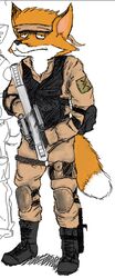 accessory anthro army canid canine clothing dipstick_tail fox fredryk_phox gun headband holding_gun holding_object holding_ranged_weapon holding_weapon male mammal markings military paintchat ranged_weapon rifle soldier solo tail tail_markings uniform warrior weapon