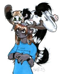 2003 anthro antlers black_body black_fur blonde_hair brown_eyes brown_hair closed_eyes clothed clothing duo female fur glamfur grey_body grey_eyes grey_fur hair head_nom horn lemur long_hair long_tail mammal nom primate ring-tailed_lemur scar shirt simple_background spots strepsirrhine stripes tail tattoo topwear white_background white_body white_fur wristband zeriara zeriara_(character)