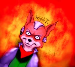 angry anthro black_nose canid canine clothed clothing dutch_angle english_text fire fox fox_mccloud fredryk_phox fur green_eyes jacket looking_at_viewer male mammal nintendo paintchat reaction_image red_body red_fur solo star_fox text topwear what