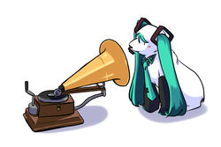 ambiguous_gender arm_warmers armwear black_nose blush canid canine clothing cosplay electronics feral fur gramophone green_hair hair hatsune_miku his_master&#039;s_voice mammal microphone necktie parody shadow simple_background sitting solo suzuuchi_yayoi vocaloid white_background white_body white_fur