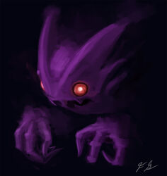 black_background floating_hands generation_1_pokemon ghost graveyardshift haunter male nightmare_fuel nintendo pokemon pokemon_(species) purple_body red_eyes simple_background solo spirit undead