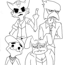 2d_(gorillaz) anthro avian beak bird canid canine clothing falco_lombardi fox fox_mccloud fredryk_phox gesture gorillaz group hand_gesture hare hat headgear headwear lagomorph leporid male mammal middle_finger monochrome murdoc_niccals nintendo noodle_(gorillaz) paintchat parody peppy_hare russel_(gorillaz) simple_background slippy_toad star_fox white_background