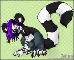 alternative_fashion anthro bottomwear clothing ear_piercing female glamfur goth hair lemur long_hair mammal pants piercing primate purple_hair ring-tailed_lemur shirt solo strepsirrhine tail tomboy topwear y2k_(graphic_design) zeriara zeriara_(character)