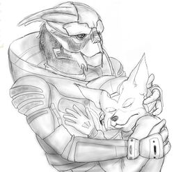 alien anthro bioware canid canine duo electronic_arts embrace fox fox_mccloud fredryk_phox garrus_vakarian hug male mammal mass_effect monochrome nintendo paintchat romantic romantic_couple simple_background star_fox turian