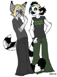 2005 alternative_fashion anthro blonde_hair bottomwear chelsea_hair_cut clothing duo female glamfur goth hair lemur mammal pants primate ring-tailed_lemur shirt simple_background strepsirrhine tail tomboy topwear white_background zeriara zeriara_(character)