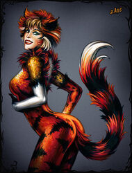 2008 bombalurina candra cats_(musical) domestic_cat felid feline felis female green_eyes lipstick looking_at_viewer makeup mammal smile solo stripes tail