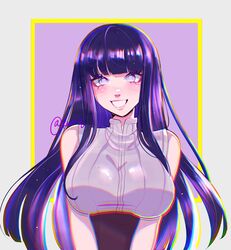  blunt_bangs border breasts byakugan chromatic_aberration commentary female grey_background highres hyuuga_hinata large_breasts long_hair looking_at_viewer naruto:_the_last naruto_(series) purple_background purple_eyes purple_hair ruinique signature simple_background smile solo teeth yellow_border 