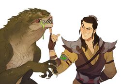  anthro black_hair bodily_fluids claws drkavcheg drooling duo green_body grin hair human male mammal mortal_kombat mortal_kombat_1 reptile reptile_(mortal_kombat) saliva scalie shang_tsung sharp_teeth smile teeth tilting_head 