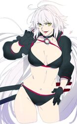  azusa_(hws) bikini black_bikini black_choker black_gloves black_jacket breasts choker collarbone covered_nipples cropped_jacket cropped_legs fate/grand_order fate_(series) female gloves groin_tendon hair_between_eyes hand_on_own_hip hand_up jacket jeanne_d&#039;arc_alter_(fate) jeanne_d&#039;arc_alter_(swimsuit_berserker)_(fate) katana lifting_own_clothes long_hair long_sleeves looking_at_viewer lower_teeth_only medium_breasts navel o-ring o-ring_bikini open_mouth popped_collar red_trim sheath sheathed signature simple_background smile solo strap_lift swimsuit sword teeth weapon white_background white_hair yellow_eyes 