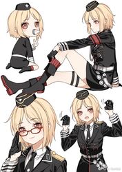  :o aged_down armband belt bespectacled black_footwear black_gloves black_headwear black_jacket black_necktie blonde_hair blush boots brown_eyes claw_pose closed_mouth commentary_request female garrison_cap girls&#039;_frontline glasses gloves haijin half_gloves hands_up hat jacket kneeling korean_commentary leg_up legs long_sleeves looking_at_viewer medium_hair military_uniform motion_lines mp40_(girls&#039;_frontline) multiple_views necktie open_mouth red-framed_eyewear red_armband red_socks reichsadler shirt simple_background sitting smile socks thigh_strap third-party_source uniform weibo_logo weibo_watermark white_background white_belt white_shirt 