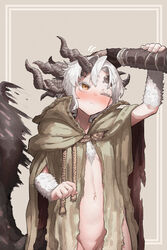  absurdres blush bottomless breasts brown_eyes cape cloak colored_eyelashes ekrea_jan elden_ring female genderswap_(mtf) headpat highres holding_another&#039;s_arm horns looking_at_another margit_the_fell_omen morgott_the_omen_king motion_blur motion_lines naked_cape navel one_eye_closed out-of-frame_censoring rope rule_63 short_hair simple_background small_breasts tail tail_wagging torn_cloak torn_clothes upper_body white_fur white_hair yellow_cloak yellow_eyes 