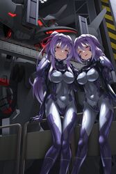  2girls against_railing armored_bodysuit blue_bodysuit blue_eyes blush bodysuit breasts character_request commentary_request covered_navel covered_nipples fortified_suit half-closed_eyes hangar headgear impossible_bodysuit impossible_clothes kurione_(zassou) long_hair looking_at_viewer mecha medium_breasts mole mole_under_mouth multiple_girls muv-luv muv-luv_alternative ponytail purple_hair railing robot shiny_clothes standing su-37_terminator_(muv-luv) 