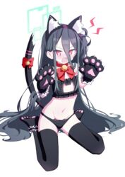  &lt;key&gt;_(blue_archive) 525_woiwo absurdly_long_hair absurdres animal_ears animal_hands black_bra black_gloves black_hair black_panties black_thighhighs blue_archive bra cat_cutout cat_ears cat_paws cat_tail clothing_cutout fake_animal_ears female flat_chest gloves green_halo halo highres long_hair navel open_mouth panties paw_gloves red_eyes simple_background solo tail thighhighs underwear very_long_hair white_background 