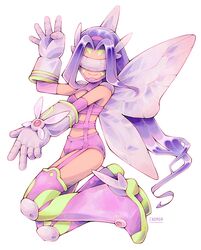  artist_name boots bra butterfly_wings caomor covered_eyes digimon digimon_(creature) fairimon female full_body gloves green_footwear highres insect_wings long_hair mask panties purple_bra purple_footwear purple_garter_straps purple_gloves purple_hair purple_panties simple_background solo thigh_boots two-tone_footwear underwear white_background wings 