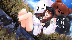  :d absurdres ankimo_(tokino_sora) balloon baseball_cap black_choker black_footwear black_hat black_hoodie black_shorts blush bobby_socks boots brown_hair character_balloon choker commentary cross-laced_footwear dutch_angle english_commentary female fuwanian hair_flaps hat high_heel_boots high_heels highres holding holding_balloon hololive hood hood_down hoodie jewelry lace-up_boots lace_socks long_hair long_sleeves looking_at_viewer necklace nun_nun_(tokino_sora) o-ring o-ring_choker official_alternate_hairstyle open_mouth outdoors platform_boots platform_footwear platform_heels short_shorts shorts sitting smile socks solo star_(symbol) star_necklace tokino_sora tokino_sora_(streetwear) two-tone_hoodie variant_set virtual_youtuber white_hoodie 