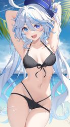  ahoge alternate_costume ascot beach bikini black_ascot black_bikini blue_eyes blue_gemstone blue_hair blue_hat blush breasts cleavage cowlick day drop-shaped_pupils female front-tie_bikini_top front-tie_top furina_(genshin_impact) gem genshin_impact hair_between_eyes hat heterochromia highres light_blue_hair long_hair looking_at_viewer mismatched_pupils multicolored_hair navel nyuu_(pixiv12143565) ocean open_mouth ponytail small_breasts smile solo streaked_hair swimsuit symbol-shaped_pupils top_hat twintails white_hair 