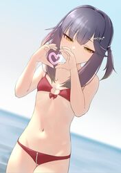  bikini blurry blurry_background blush breasts commentary crotch_zipper day female gradient_hair hair_ornament hairclip half-closed_eyes heart heart_hands heart_o-ring highres kantai_collection looking_at_viewer multicolored_hair navel o-ring o-ring_bikini orange_eyes outdoors purple_hair red_bikini revision sakieko sky small_breasts solo standing stomach swimsuit tsushima_(kancolle) two_side_up zipper zipper_bikini 