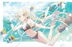  bikini black_bikini blonde_hair blush breasts bubble butterflyfish female fish flippers hair_ornament hairclip highres holding_breath ibara_riato long_hair looking_at_viewer medium_breasts navel original side-tie_bikini_bottom solo stomach submerged swimming swimsuit tropical_fish underwater wrist_bow 