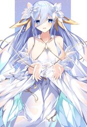  absurdres blue_eyes blue_hair breasts date_a_live dress female flower hair_flower hair_ornament highres holding jam_(jamjam777) large_breasts leaf long_hair looking_at_viewer open_mouth see-through see-through_dress smile solo takamiya_mio white_dress white_leaves 