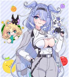  2girls :3 ahoge apple aqua_eyes black_gloves black_headband blonde_hair blue_hair blue_wings breast_envy breasts cleavage_cutout clothing_cutout coat coat_on_shoulders elira_pendora elira_pendora_(4th_costume) fangs food fruit gloves grapes grey_coat grey_pants hair_over_one_eye head_wings headband highres large_breasts long_hair lucie_(millie_parfait) millie_parfait mugimugigo multiple_girls nijisanji nijisanji_en official_alternate_costume pants persimmon pikl_(elira_pendora) pineapple shirt short_hair sideboob skin_fangs smile solo_focus suika_game suspenders underboob_cutout underbust virtual_youtuber white_shirt wings 