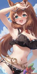  absurdres animal_ears arm_up armpits bad_id bad_pixiv_id bikini black_bikini blue_eyes blue_sky blush bracelet breasts brown_hair chains chan_hone_pkpk cloud cloudy_sky commentary_request cowboy_shot ear_ornament eyewear_on_head female frilled_bikini frills gold_chain hair_between_eyes hand_on_own_hip heart heart-shaped_eyewear highres horse_ears horse_girl jewelry large_breasts looking_at_viewer maruzensky_(blasting_off_summer_night)_(umamusume) maruzensky_(umamusume) navel necklace ocean official_alternate_costume open_mouth outdoors sky smile solo sunglasses swimsuit umamusume water wet 