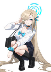  absurdres asuna_(blue_archive) black_choker black_footwear black_skirt black_socks blue_archive blue_eyes blue_halo blue_ribbon blue_scrunchie breasts choker cleavage collared_shirt female grin hair_over_one_eye hair_ribbon halo highres hitomi_(tongshou) large_breasts light_brown_hair long_hair long_sleeves mole mole_on_breast pleated_skirt ribbon school_uniform scrunchie shirt shoes simple_background skirt smile socks solo squatting white_background white_shirt wrist_scrunchie 