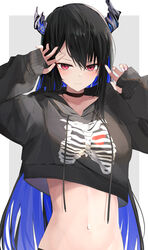  black_choker black_hair black_hoodie blue_hair blush breasts choker closed_mouth colored_inner_hair crop_top crop_top_overhang cropped_hoodie demon_horns female hands_up highres hololive hololive_english hood hoodie horns long_hair looking_at_viewer midriff mole mole_under_eye multicolored_hair navel nerissa_ravencroft red_eyes shuuzo3 solo stomach two-tone_hair upper_body very_long_hair virtual_youtuber 