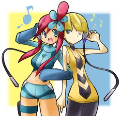  2girls :d arm_at_side bare_arms bare_shoulders black_choker black_pantyhose blonde_hair blue_eyes blue_gloves blue_shorts blunt_bangs breasts choker cleavage crop_top cropped_jacket elbow_gloves elesa_(pokemon) gloves large_breasts locked_arms long_hair medium_breasts midriff multiple_girls musical_note navel one_eye_closed pantyhose pokemon pokemon_bw rascal_(feuille) red_hair shared_headphones short_hair short_shorts shorts skyla_(pokemon) smile standing teeth upper_teeth_only 