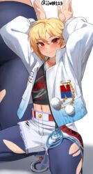  1boy ahoge arms_up bishounen black_shirt blonde_hair blue_jacket blush cropped_shirt ensemble_stars! eyelashes g1_(jjw00123) gradient_jacket grey_shorts hair_between_eyes highres jacket jewelry looking_at_viewer male_focus midriff multiple_views navel necklace nito_nazuna paid_reward_available pantyhose pantyhose_under_shorts print_shirt red_eyes shadow shirt shoes short_hair shorts smile sneakers squatting thighs torn_clothes torn_pantyhose torn_shorts twitter_username white_background white_jacket 