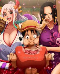  1boy 2girls anger_vein artist_name biting_own_finger black_hair blue_eyes boa_hancock boned_meat breasts brown_eyes cheek_bulge cleavage dress earrings food food_on_face hat highres holding holding_food hoop_earrings horns huge_breasts indoors instagram_logo instagram_username japanese_clothes jealous jewelry large_breasts long_hair looking_at_another meat monkey_d._luffy multiple_girls nontraditional_miko one_piece open_mouth purple_dress rakara11_(rakkarts) short_hair snake_earrings straw_hat tankard teeth watermark white_hair yamato_(one_piece) 