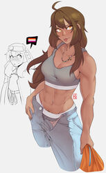  2girls :p abs absurdres ahoge beads belt biceps blush body_freckles breasts bridget brown_eyes brown_hair commentary denim english_commentary female_pubic_hair freckles grey_pants grey_sports_bra guilty_gear guilty_gear_strive habit hexprinxess highres holding hood hood_up hooded_jacket hoodie jacket jeans jewelry lesbian_flag long_hair looking_at_viewer may_(guilty_gear) medium_hair midriff multiple_girls navel navel_piercing necklace nervous open_fly orange_hoodie pants partially_undressed piercing pubic_hair ring signature speech_bubble sports_bra stomach sweat toned tongue tongue_out tongue_piercing unbuttoned underwear unworn_clothes unworn_shirt white_background 