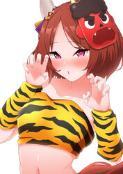  :o absurdres animal_ears blush bob_cut brown_hair claw_pose collarbone commentary_request detached_sleeves dtawawa ear_covers elbow_sleeve female fingernails flower_in_eye forehead gao hands_up highres horse_ears horse_girl horse_tail mask midriff navel oni_costume oni_mask open_mouth parted_bangs parted_lips partial_commentary pink_eyes sakura_laurel_(oni_laurel)_(umamusume) sakura_laurel_(umamusume) short_hair simple_background solo stomach strapless symbol-shaped_pupils symbol_in_eye tail tube_top umamusume umamusume:_star_blossom upper_body white_background yellow_tube_top 