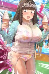  @_@ aqua_jacket bikini blush breasts brown_eyes brown_hair drill_hair female floral_print food highres holding holding_food holding_ice_cream ice_cream jacket large_breasts multicolored_clothes multicolored_jacket nose_blush open_mouth original people plump pool ryokucha_michi solo_focus stairs sweatdrop swimsuit tiara wardrobe_malfunction water waterpark white_jacket zipper 