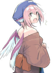  animal_ears bird_ears bird_wings blue_headwear blush brown_kimono female ginnkei hair_between_eyes head_scarf japanese_clothes kimono long_sleeves mystia_lorelei okamisty open_mouth pink_eyes pink_hair short_hair simple_background solo touhou upper_body white_background white_wings wide_sleeves wings 