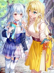  2girls :d bare_shoulders blonde_hair blue_eyes blue_sky blush breasts building center_frills closed_mouth clothing_cutout collared_shirt commentary_request copyright_name copyright_notice crepe day food food_on_face frills fruit fujima_takuya grey_hair hair_between_eyes holding holding_food kagamihara_azumi long_hair long_sleeves medium_breasts multiple_girls official_art outdoors plaid plaid_skirt pleated_skirt red_eyes rigel_(z/x) shirt shoulder_cutout skirt sky sleeveless sleeveless_shirt smile strawberry sweater tree two_side_up very_long_hair white_shirt white_sweater yellow_skirt z/x 