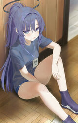  absurdres blue_archive blue_buruma blue_eyes blue_footwear blue_hair blue_shirt blurry blush breasts buruma commentary_request depth_of_field female foot_out_of_frame gym_uniform halo highres id_card indoors knees_up long_hair looking_at_viewer mechanical_halo medium_breasts mr-shin official_alternate_costume open_mouth ponytail shirt short_sleeves sitting smile solo thighs yuuka_(blue_archive) yuuka_(track)_(blue_archive) 