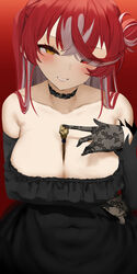  absurdres bare_shoulders between_breasts black_choker black_dress black_gloves blush breasts choker collarbone dress female frills gloves grin hair_bun heterochromia highres hololive houshou_marine large_breasts long_hair multicolored_hair off-shoulder_dress off_shoulder official_alternate_hairstyle ponnu_(nikeytina) red_background red_eyes red_hair smile solo streaked_hair virtual_youtuber wand yellow_eyes 